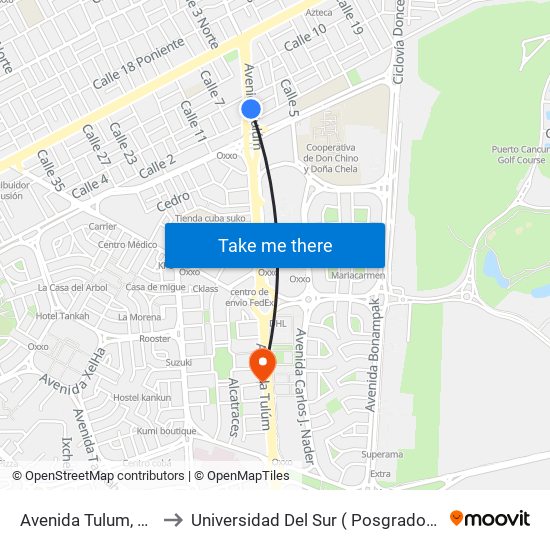 Avenida Tulum, 25 to Universidad Del Sur ( Posgrados ) map