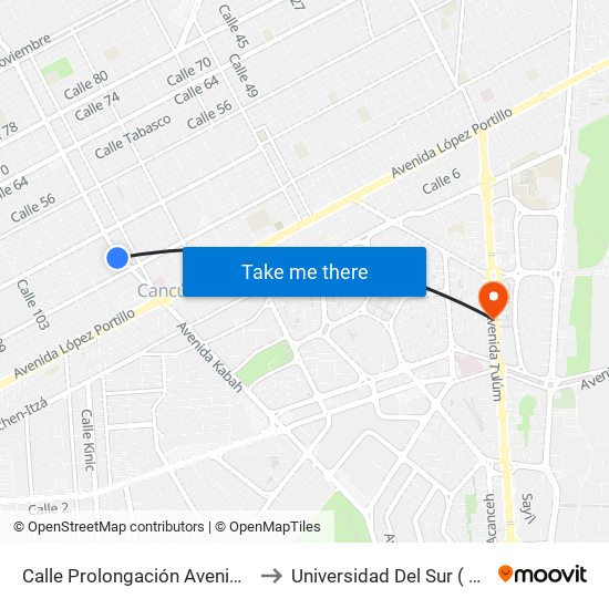Calle Prolongación Avenida Kabáh, 233 to Universidad Del Sur ( Posgrados ) map