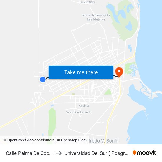 Calle Palma De Coco, 45 to Universidad Del Sur ( Posgrados ) map