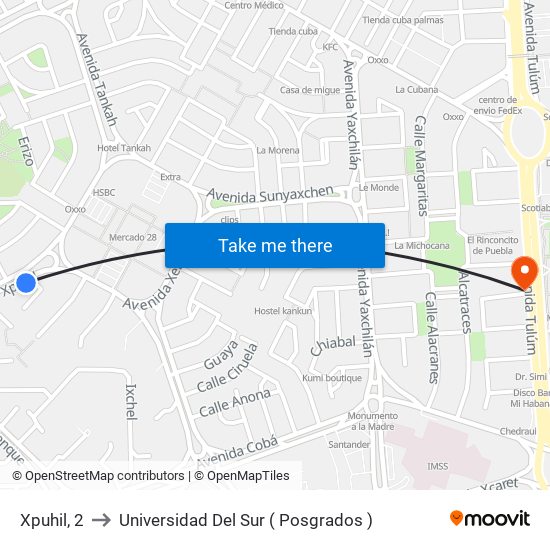 Xpuhil, 2 to Universidad Del Sur ( Posgrados ) map