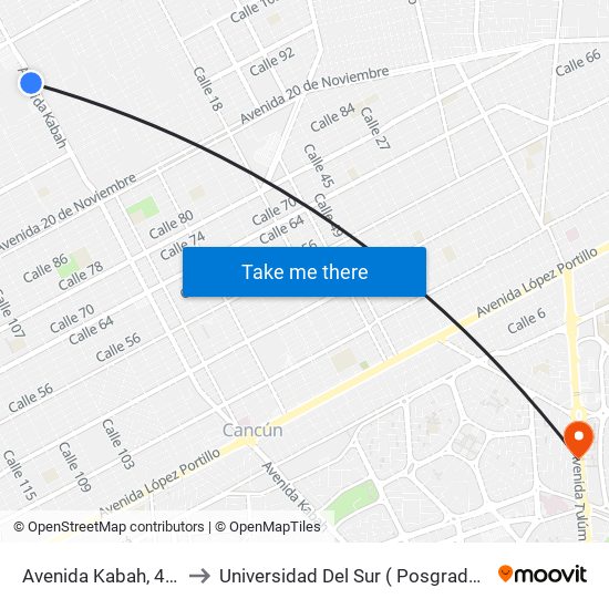 Avenida Kabah, 401 to Universidad Del Sur ( Posgrados ) map