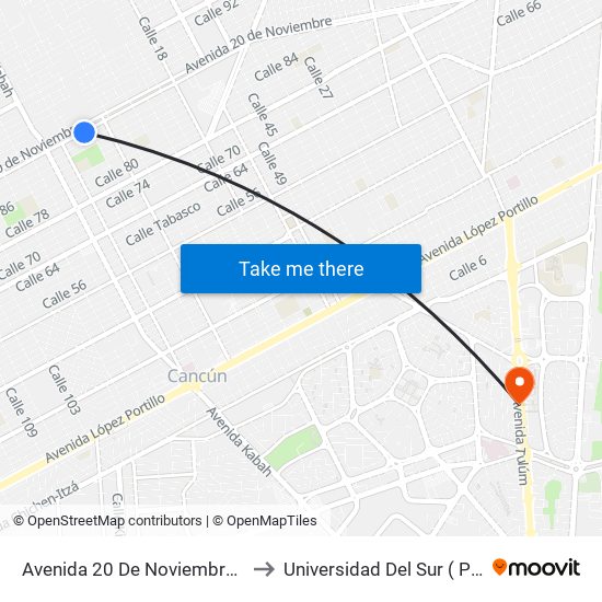 Avenida 20 De Noviembre, Mz78 Lt29 to Universidad Del Sur ( Posgrados ) map