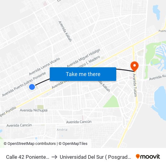 Calle 42 Poniente, 1 to Universidad Del Sur ( Posgrados ) map