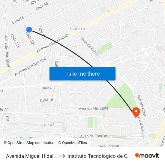 Avenida Miguel Hidalgo, 1051 to Instituto Tecnologico de Cancun (ITC) map