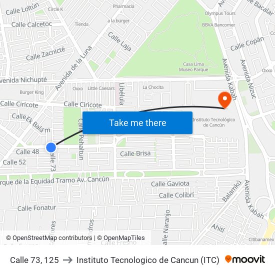 Calle 73, 125 to Instituto Tecnologico de Cancun (ITC) map