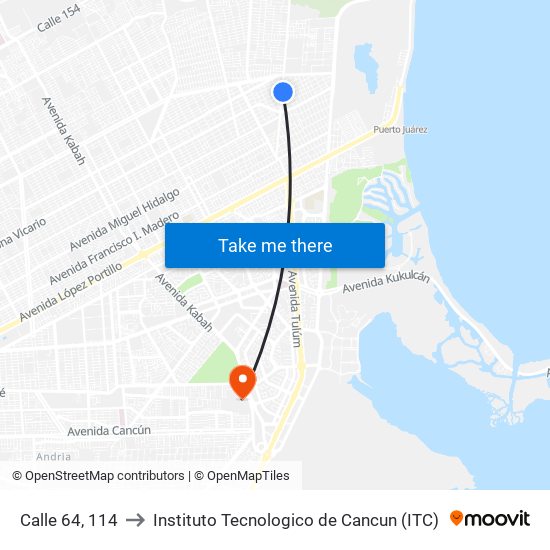 Calle 64, 114 to Instituto Tecnologico de Cancun (ITC) map