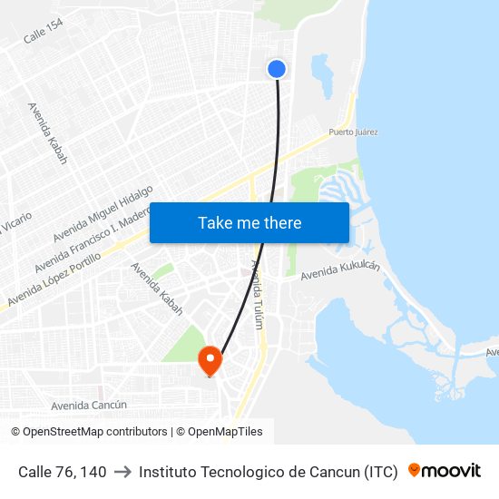 Calle 76, 140 to Instituto Tecnologico de Cancun (ITC) map