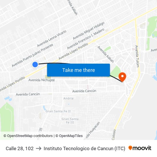 Calle 28, 102 to Instituto Tecnologico de Cancun (ITC) map