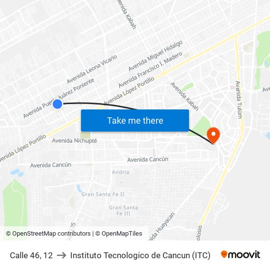 Calle 46, 12 to Instituto Tecnologico de Cancun (ITC) map