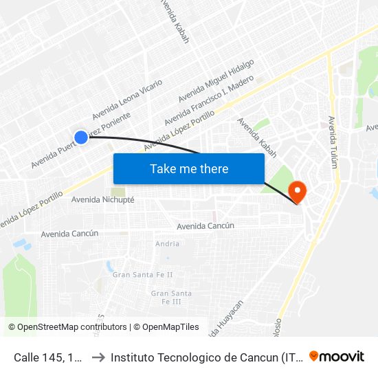 Calle 145, 102 to Instituto Tecnologico de Cancun (ITC) map