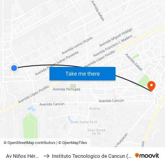 Av Niños Héroes to Instituto Tecnologico de Cancun (ITC) map