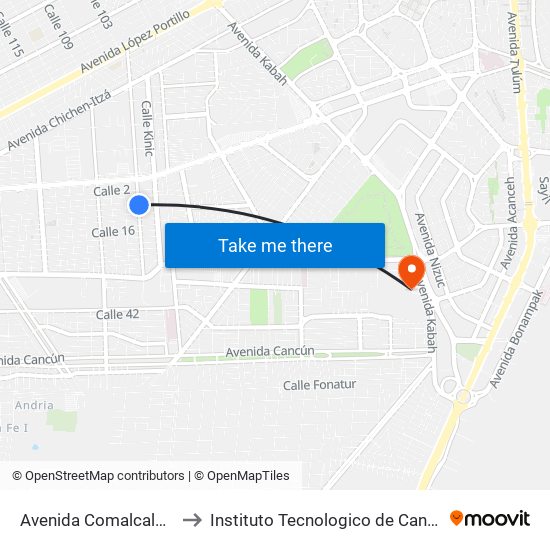 Avenida Comalcalco, 100 to Instituto Tecnologico de Cancun (ITC) map