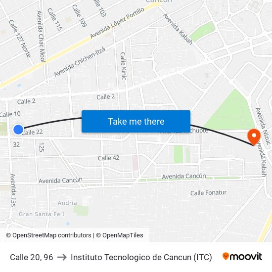 Calle 20, 96 to Instituto Tecnologico de Cancun (ITC) map