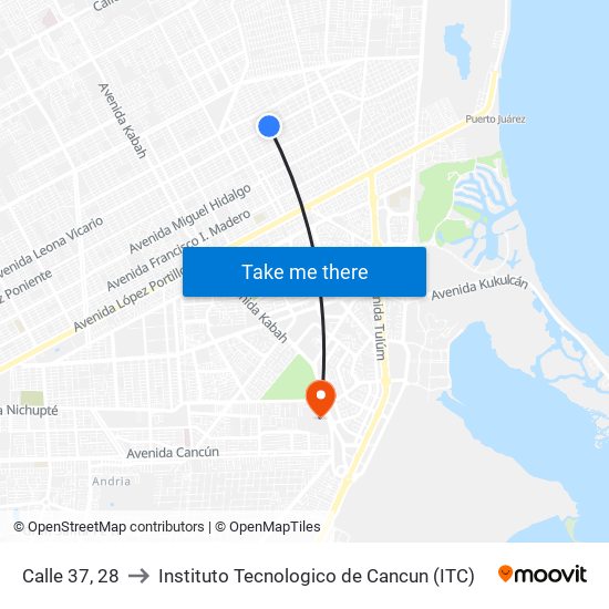 Calle 37, 28 to Instituto Tecnologico de Cancun (ITC) map