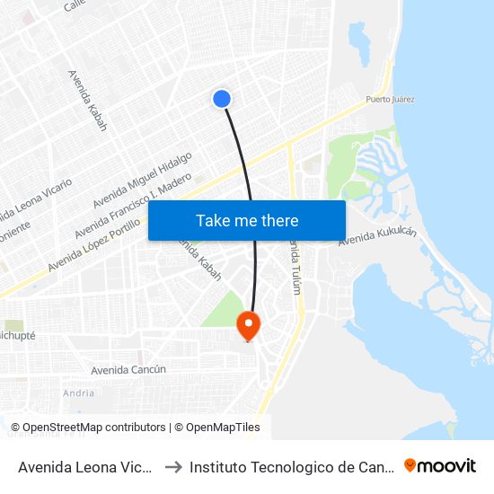 Avenida Leona Vicario, Lb to Instituto Tecnologico de Cancun (ITC) map