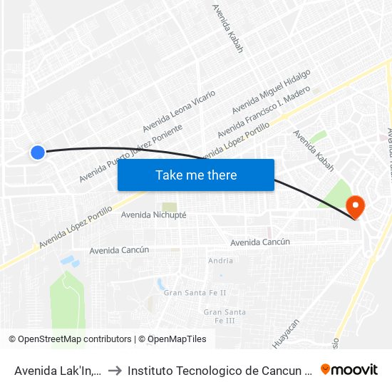 Avenida Lak'In, 24 to Instituto Tecnologico de Cancun (ITC) map