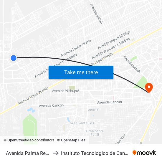 Avenida Palma Real, 265 to Instituto Tecnologico de Cancun (ITC) map