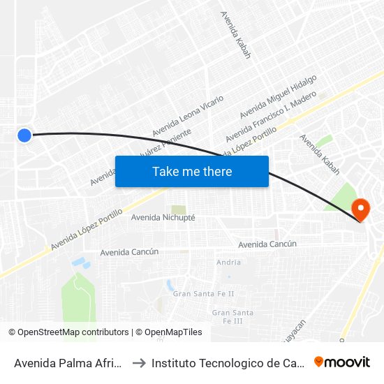 Avenida Palma Africana, 47 to Instituto Tecnologico de Cancun (ITC) map