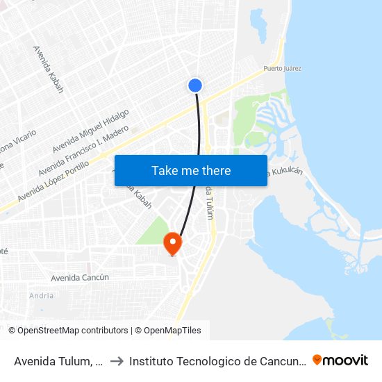 Avenida Tulum, 212 to Instituto Tecnologico de Cancun (ITC) map