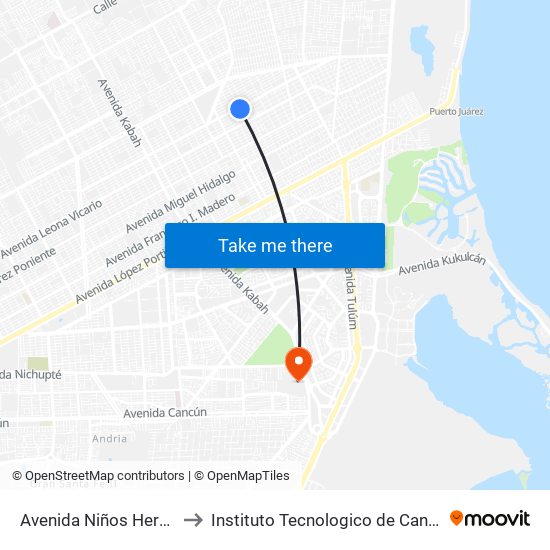 Avenida Niños Heroes, 33 to Instituto Tecnologico de Cancun (ITC) map