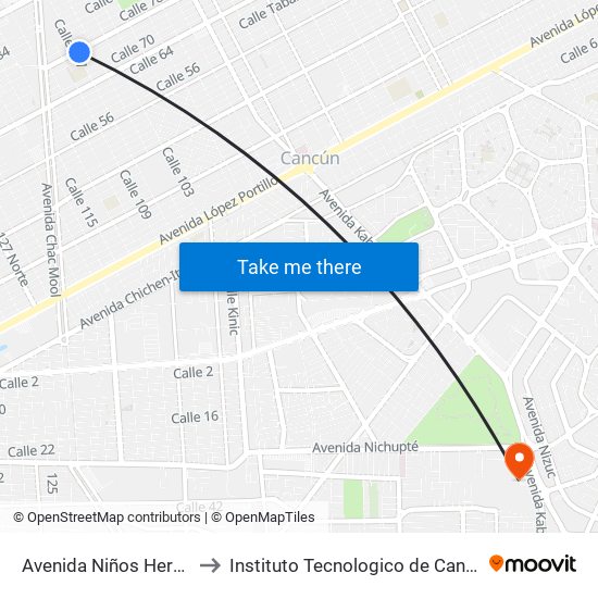 Avenida Niños Heroes, Lb to Instituto Tecnologico de Cancun (ITC) map