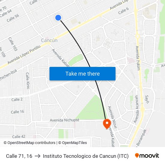 Calle 71, 16 to Instituto Tecnologico de Cancun (ITC) map