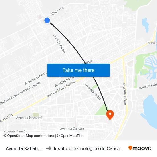 Avenida Kabah, 928 to Instituto Tecnologico de Cancun (ITC) map