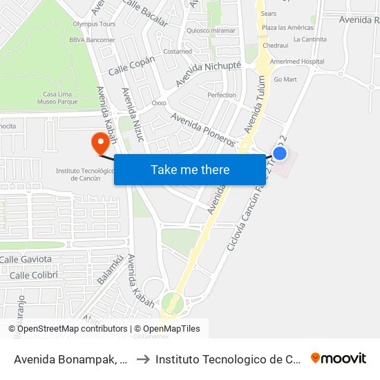 Avenida Bonampak, Mz 4 Lt 2 to Instituto Tecnologico de Cancun (ITC) map