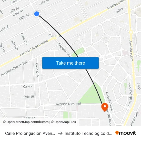 Calle Prolongación Avenida Kabáh, 364 to Instituto Tecnologico de Cancun (ITC) map