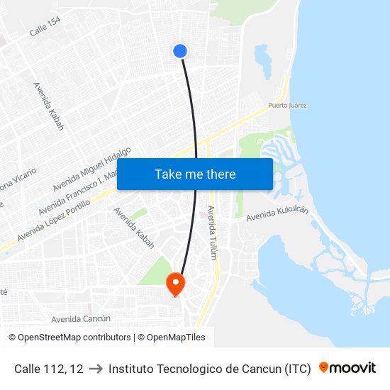 Calle 112, 12 to Instituto Tecnologico de Cancun (ITC) map