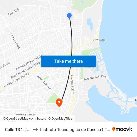 Calle 134, 237 to Instituto Tecnologico de Cancun (ITC) map