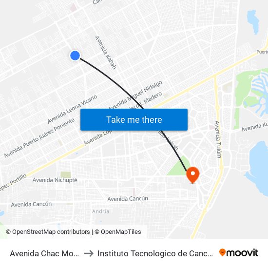 Avenida Chac Mool, 10 to Instituto Tecnologico de Cancun (ITC) map