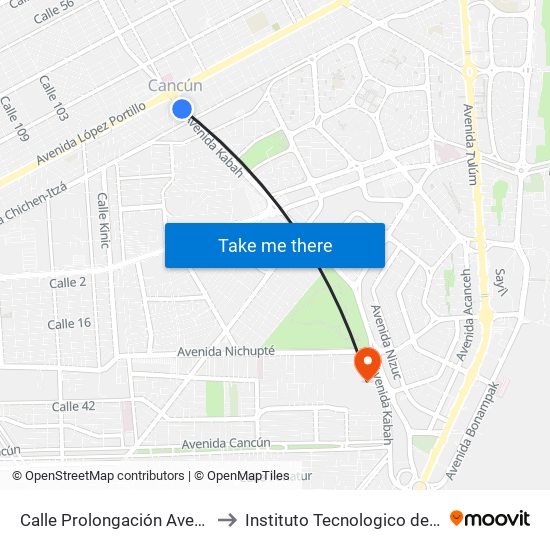 Calle Prolongación Avenida Kabáh, 2 to Instituto Tecnologico de Cancun (ITC) map