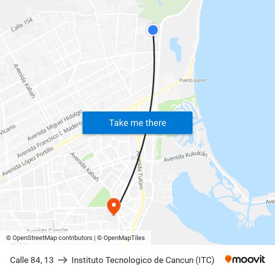 Calle 84, 13 to Instituto Tecnologico de Cancun (ITC) map