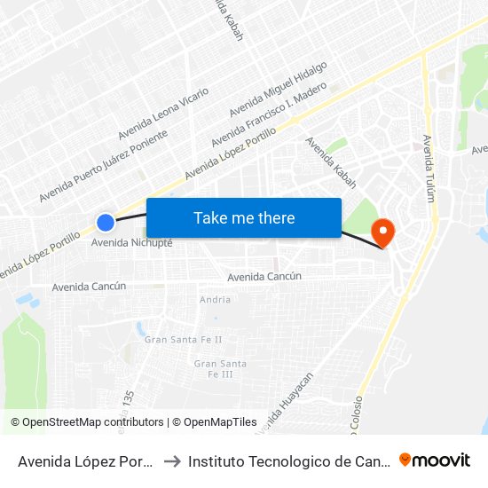 Avenida López Portillo, 12 to Instituto Tecnologico de Cancun (ITC) map