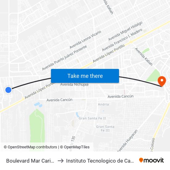 Boulevard Mar Caribe, 156 to Instituto Tecnologico de Cancun (ITC) map