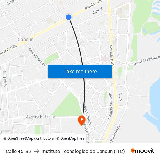 Calle 45, 92 to Instituto Tecnologico de Cancun (ITC) map