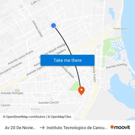 Av 20 De Noviembre to Instituto Tecnologico de Cancun (ITC) map