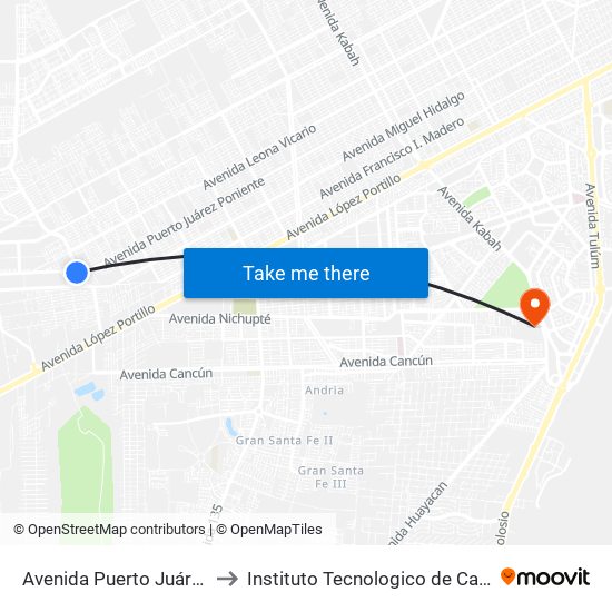 Avenida Puerto Juárez, 4141 to Instituto Tecnologico de Cancun (ITC) map
