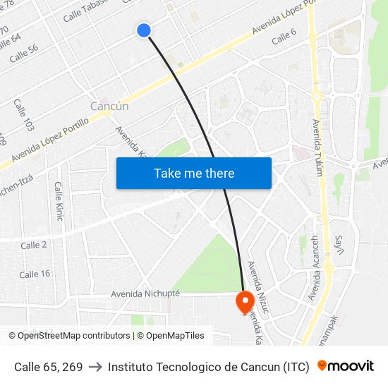 Calle 65, 269 to Instituto Tecnologico de Cancun (ITC) map