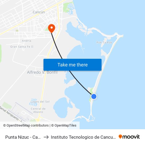 Punta Nizuc - Cancún to Instituto Tecnologico de Cancun (ITC) map