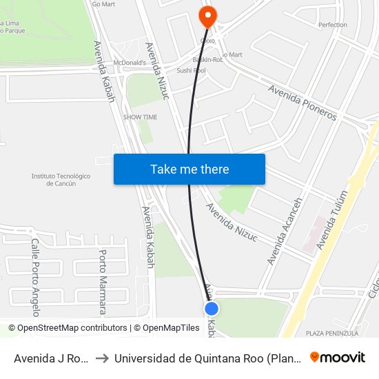 Avenida J Rojo Gómez to Universidad de Quintana Roo (Plantel temporal Cancún) map