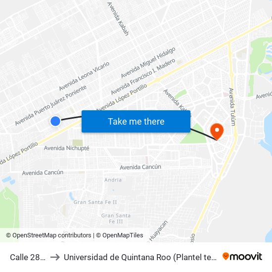 Calle 28, 102 to Universidad de Quintana Roo (Plantel temporal Cancún) map