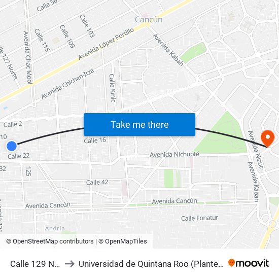 Calle 129 Norte, 15 to Universidad de Quintana Roo (Plantel temporal Cancún) map