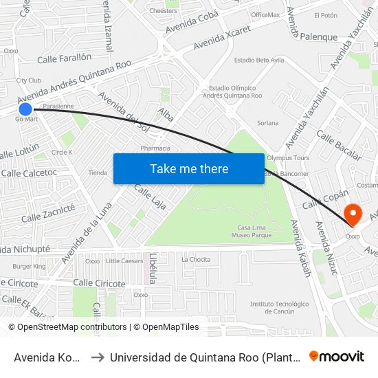 Avenida Kohunlich, 9 to Universidad de Quintana Roo (Plantel temporal Cancún) map