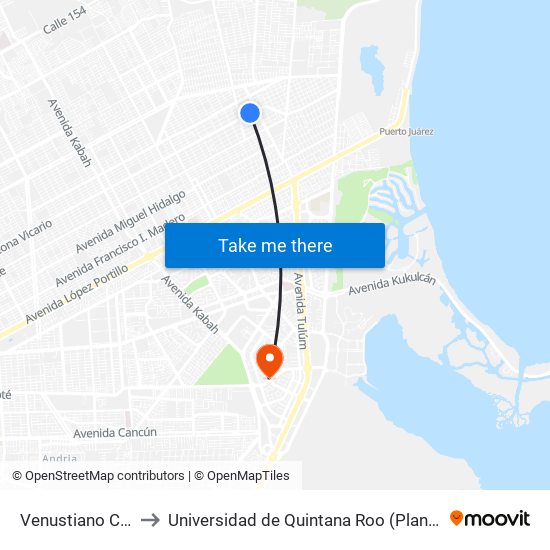 Venustiano Carranza, 5 to Universidad de Quintana Roo (Plantel temporal Cancún) map