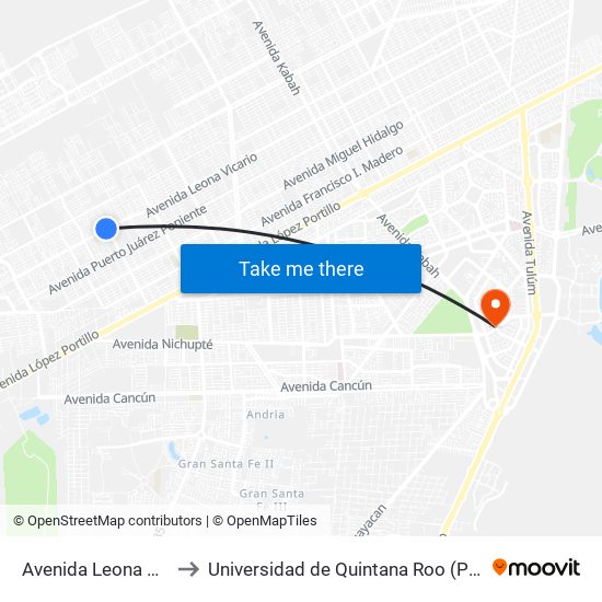 Avenida Leona Vicario, 1441a to Universidad de Quintana Roo (Plantel temporal Cancún) map