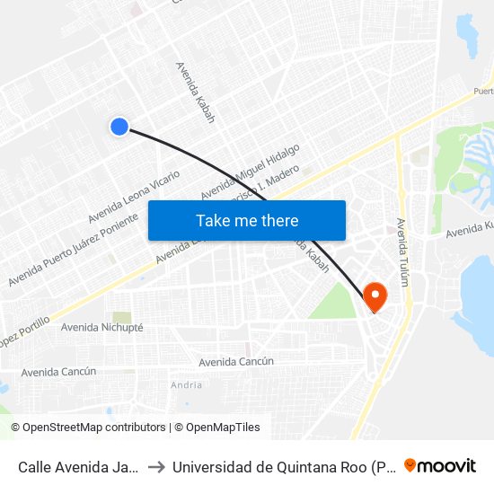 Calle Avenida Jacinto Canek, 6 to Universidad de Quintana Roo (Plantel temporal Cancún) map