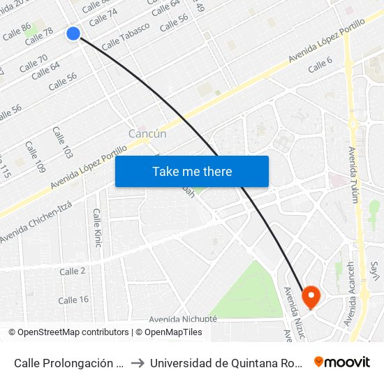 Calle Prolongación Avenida Kabáh, 220 to Universidad de Quintana Roo (Plantel temporal Cancún) map
