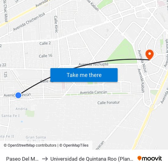 Paseo Del Mayab, 20a to Universidad de Quintana Roo (Plantel temporal Cancún) map